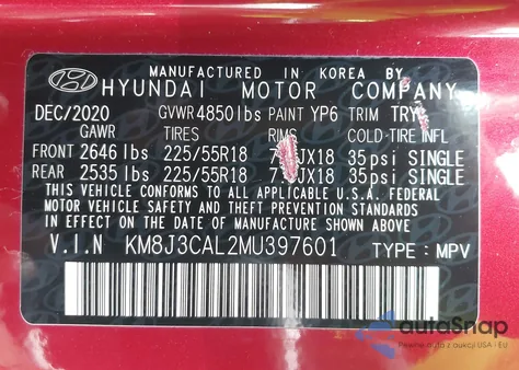 2021 Hyundai Tucson Sel z USA, uszkodzony, nr VIN KM8J3CAL2MU397601